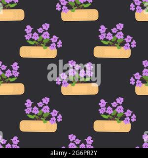 Seamless pattern with sticking plasters and purple flowers. Medical patch repeat texture. Stock Vector