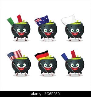 Witch cauldron cartoon character bring the flags of various countries. Vector illustration Stock Vector