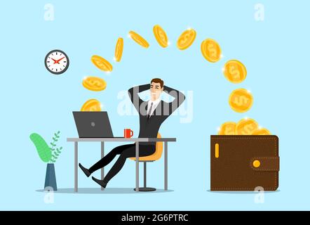 Happy businessman with laptop get money in wallet. Online finance income business man. Joyful person makes passive profit or get wages. Male web gambling and earning concept. Coin from internet eps