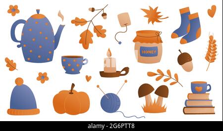 Flat style collection of cozy home items for autumn season. Vector illustration. Stock Vector
