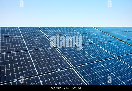 Picture of solar panel modules on a sunny day, selective focus. Stock Photo