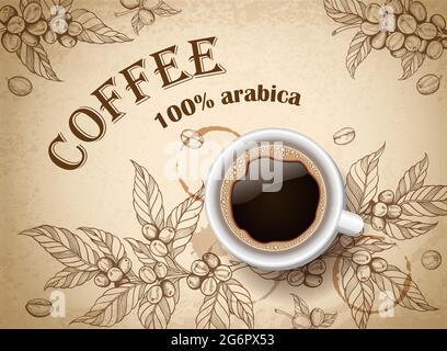 Vintage background with coffee cup and coffee beans. Vector illustration. Stock Vector