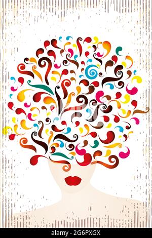 Think creative - illustration made by a part of womans silhouette sending out colorful swirls - unique artwork Stock Photo