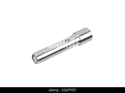 Modern silver metal LED flashlight. Pocket portable rechargeable lighting device. Isolate on a white background. Stock Photo