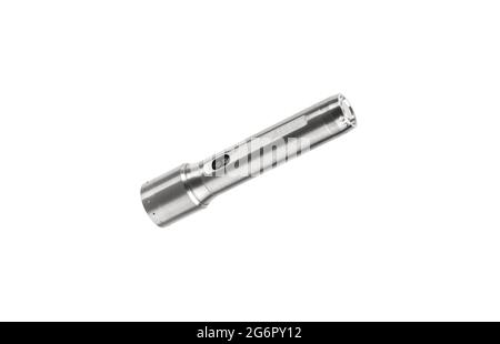 Modern silver metal LED flashlight. Pocket portable rechargeable lighting device. Isolate on a white background. Stock Photo