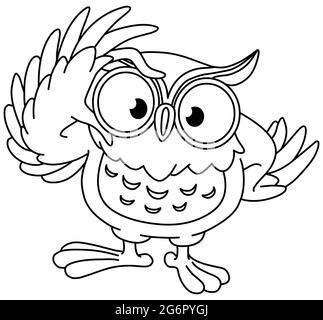 Owl touching his glasses. Vector line art illustration coloring page. Stock Photo