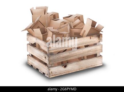 A wooden crate full of cardboard packing boxes. Recycling moving and packaging concept isolated on a white background Stock Photo