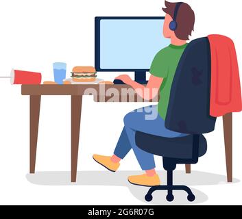 Man at computer desk semi flat color vector character Stock Vector