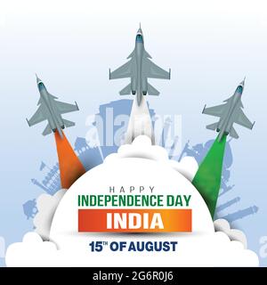 Happy Independence Day India concept with vector illustration of fighter jets and Indian flag colors, with blue background. Stock Vector