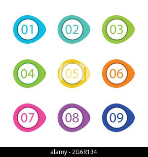 Number Bullet Points Flat Circle set on white background. Colorful color with number from 01 to 09 for your design. vector illustration Stock Vector