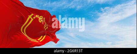 official flag of Niigata prefecture waving in the wind on flagpoles against sky with clouds on sunny day. Japan Patriotic concept. 3d illustration. Stock Photo