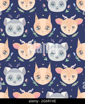Cute childish pattern with heads of animal and flowers on blue background. Vector texture with lemur, squirrel and deer with stars and floral pattern. Stock Vector