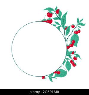 Circle frame with cherry tomatoes on the bushes with leaves on white background. Vector natural flat border. Gardening and horticulture. Template with Stock Vector