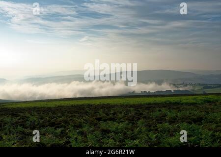 Early Morning Mist over Avrill Valley with Croydon Hill beyond, Viewed from Dunkery Hill, Exmoor, Somerset Stock Photo