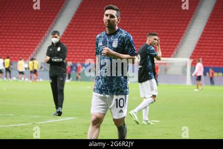 Lionel Messi of Argentina warms up during the Copa America 2021, semi-final football match between Argentina and Colombia on July 7, 2021 at Estadio Nacional Mane Garrincha in Brasilia, Brazil - Photo Laurent Lairys / DPPI Stock Photo