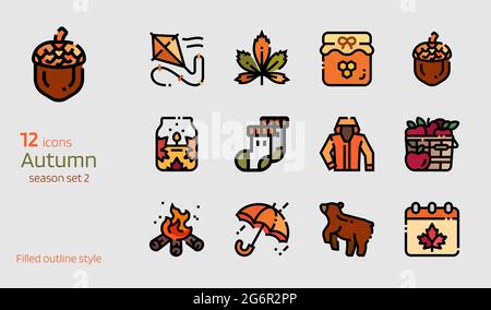 Autumn icon vector set. Colored line and filled outline style collection of season attributes Stock Vector