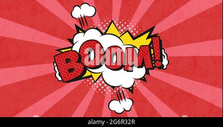 Image of a cartoon bubble with BOOM written in red on a red striped background Stock Photo
