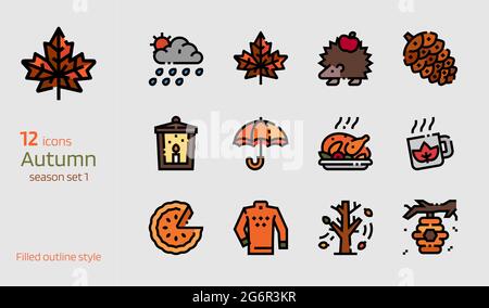 Autumn icon vector set. Filled outline style collection of season attributes Stock Vector