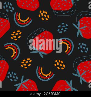 Seamless pattern with strawberries, rainbow, simple shapes on black background. Vector illustration. Stock Vector