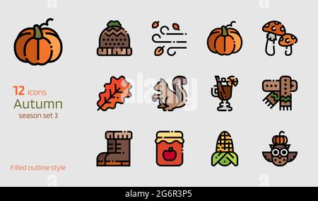 Autumn icon vector set. Filled outline style collection of season attributes Stock Vector