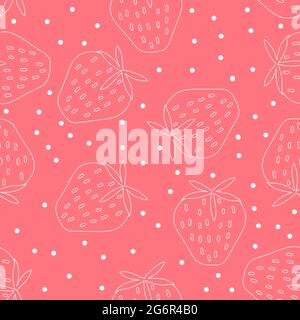 Seamless pattern with strawberries, white polka on pink background. Vector hand drawn illustration. Stock Vector