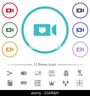 IP camera flat color icons in circle shape outlines. 12 bonus icons included. Stock Vector