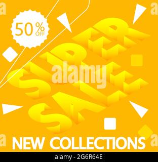 Super Sale with Depth font. Abstract poster. Vector banner template design. Special offer discount banner, big promotion, mega sale fashion advertisin Stock Vector