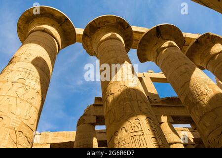 Ancient ruins of the Karnak Temple in Luxor (Thebes), Egypt. The largest temple complex of antiquity in the world. UNESCO World Heritage. Stock Photo