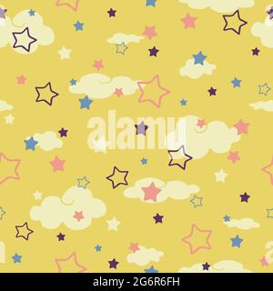 Seamless vector pattern with clouds and stars on yellow background. Simple wallpaper design for children. Baby shower fashion textile. Stock Vector