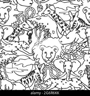 Seamless vector pattern safari animal line art on white background. Simple African one line sketch art wallpaper design. Stock Vector
