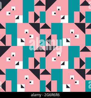 Seamless vector pattern with square rabbit heard on blue background. Simple fun animal wallpaper design with bright pink bunnies. Stock Vector