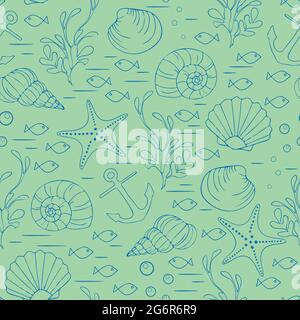 Seamless vector pattern with outlined seashells on green background. Simple underwater wallpaper design. Decorative aquatic fashion textile. Stock Vector