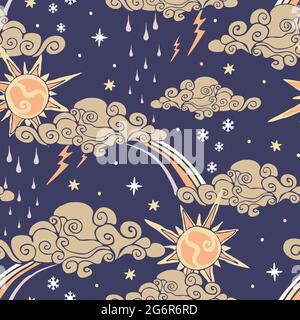 Seamless vector  pattern with summer weather on purple background. Decorative artistic cloudy sky wallpaper design. Happy rainbow fashion textile. Stock Vector