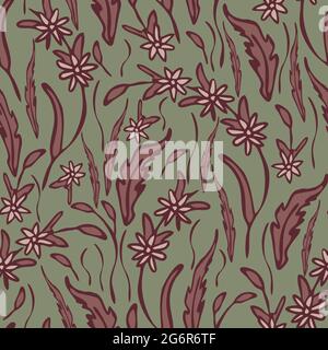 Seamless vector pattern with vintage flower meadow on dark green background. Rustic floral wallpaper texture. Decorative hand drawn fashion textile. Stock Vector