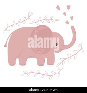 Cute pink elephant releases hearts from its trunk, vector children's illustration. A large African animal, drawn in a childlike way. Postcard or poste Stock Vector