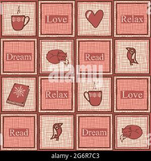Seamless vector pattern with relaxing squares on pink background. Textured wallpaper design with fox, coffee and book. Comfort fashion textile. Stock Vector