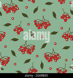 Seamless vector pattern with rowan berries and leaves on light green background. Simple berry repeat design for wallpaper, fabric, Christmas. Stock Vector