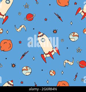 Seamless vector pattern with cartoon rocket and planets on light blue background. Simple space wallpaper design for children. Stock Vector