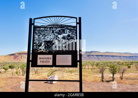 Name sign for Maggie's Valley, typical Kimberley Region scenery, near Wyndham, Western Australia, WA, Australia Stock Photo