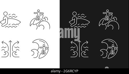 Riding wave using board linear icons set for dark and light mode Stock Vector