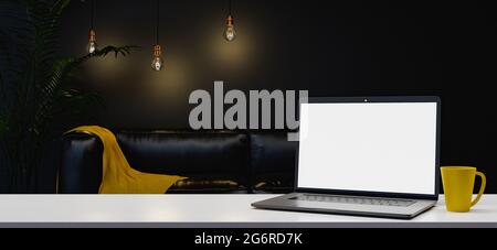 mockup of laptop on empty table with a dark and elegant room behind. concept of work and education at home, office and workspace. 3d render Stock Photo