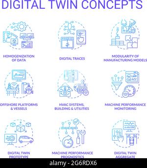 Digital twin concept icons set Stock Vector