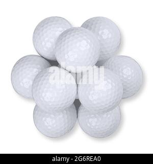 Golf balls stacked in pyramid shape, from above, on white background. A pile of ten white American golf balls with special notches. Stock Photo