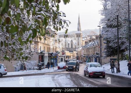 BATH, UNITED KINGDOM - DECEMBER 18, 2010 : Claverton Street in Widcombe in the winter with snow covered buildings. Stock Photo