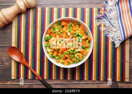 top view of corn, carrot and beans in a bowl, Stock Photo