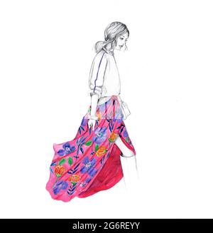 Hand drawn pencil and illustration side view of a lady walking with a pink watercolour floral painted long skirt Stock Photo