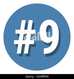 Number 9 nine symbol sign in circle, 9th ninth count hashtag icon. Simple flat design vector illustration. White with shadow on blue background. Stock Vector