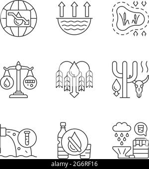 Water resources lacking linear icons set Stock Vector