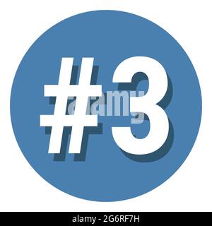 Number 3 three symbol sign in circle, 3rd third count hashtag icon. Simple flat design vector illustration. White with shadow on blue background. Stock Vector