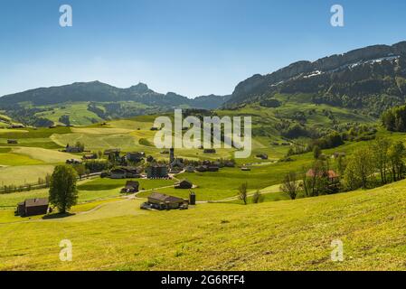 The village of Schwende with view of the Hoher Kasten, Canton Appenzell Innerrhoden, Switzerland